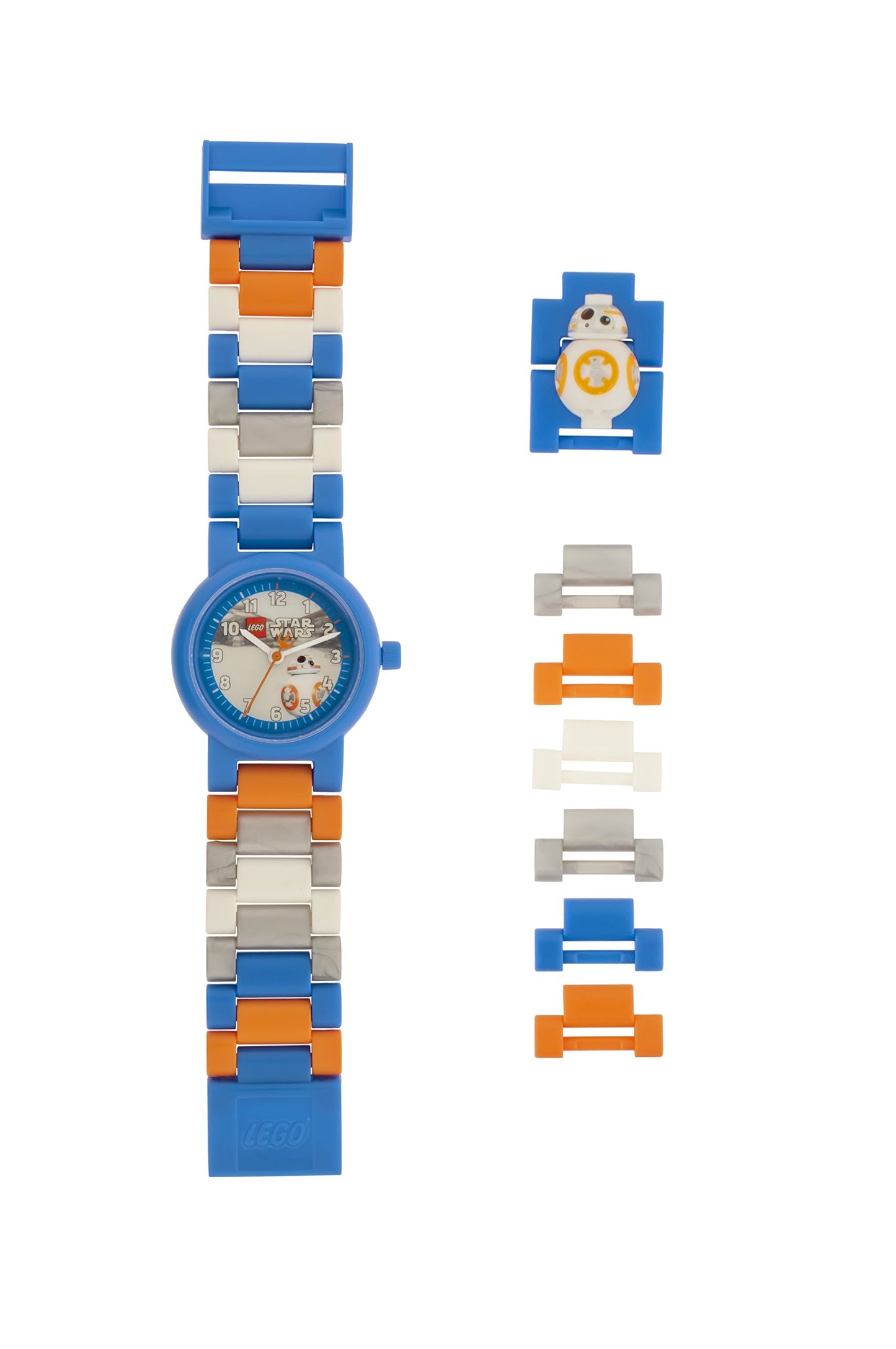 LEGO Star Wars BB-8 Figure Buildable Watch with blue and orange colors, featuring a round dial and plastic band