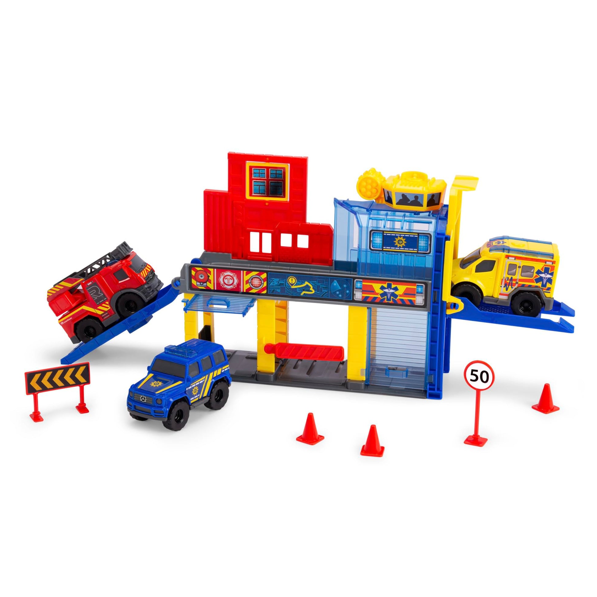 Dickie Toys SOS Mini Rescue Station with 3 Mercedes-Benz vehicles, including police car, fire truck, and ambulance