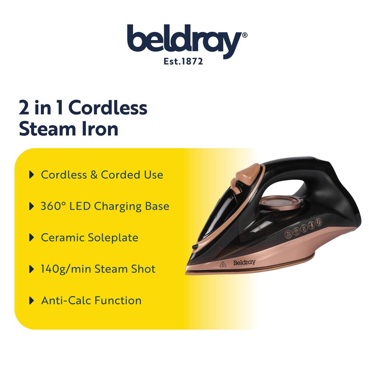 Beldray 2 in 1 Cordless Steam Iron with 360° LED Charging Base