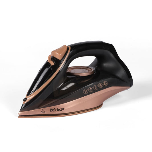Beldray 2 in 1 cordless steam iron with a 360° LED charging base, ceramic soleplate, and rose gold design