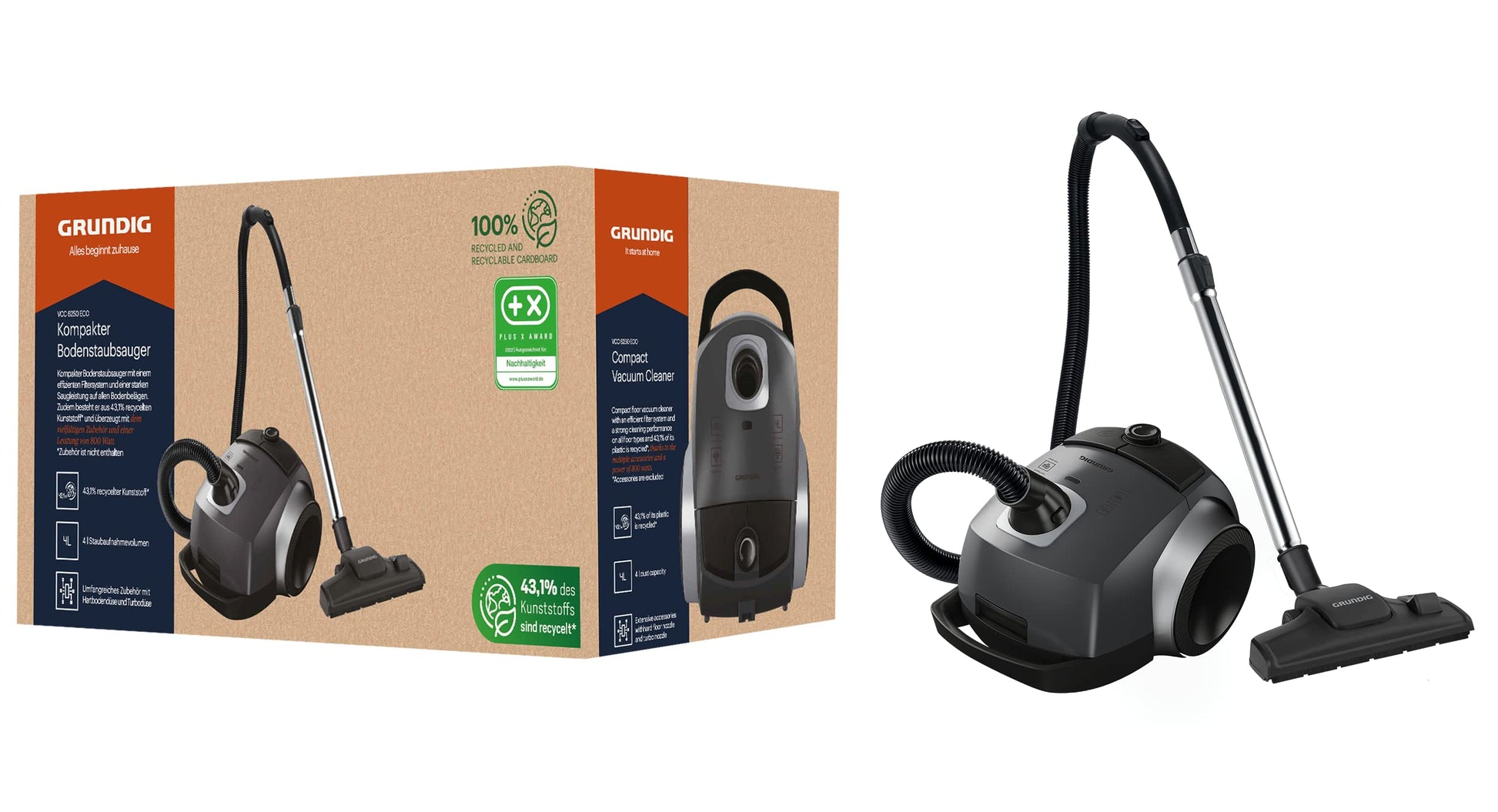 GRUNDIG VCC 6250 ECO Floor Vacuum Cleaner with HEPA filter, grey/black