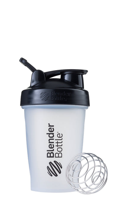 BlenderBottle Classic Shaker Bottle with clear body, black lid, and black cap for protein shakes and pre-workout