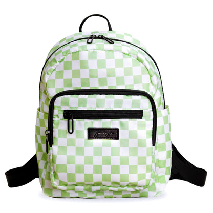 Jadyn Millie mini backpack with checkered green pattern and multiple compartments