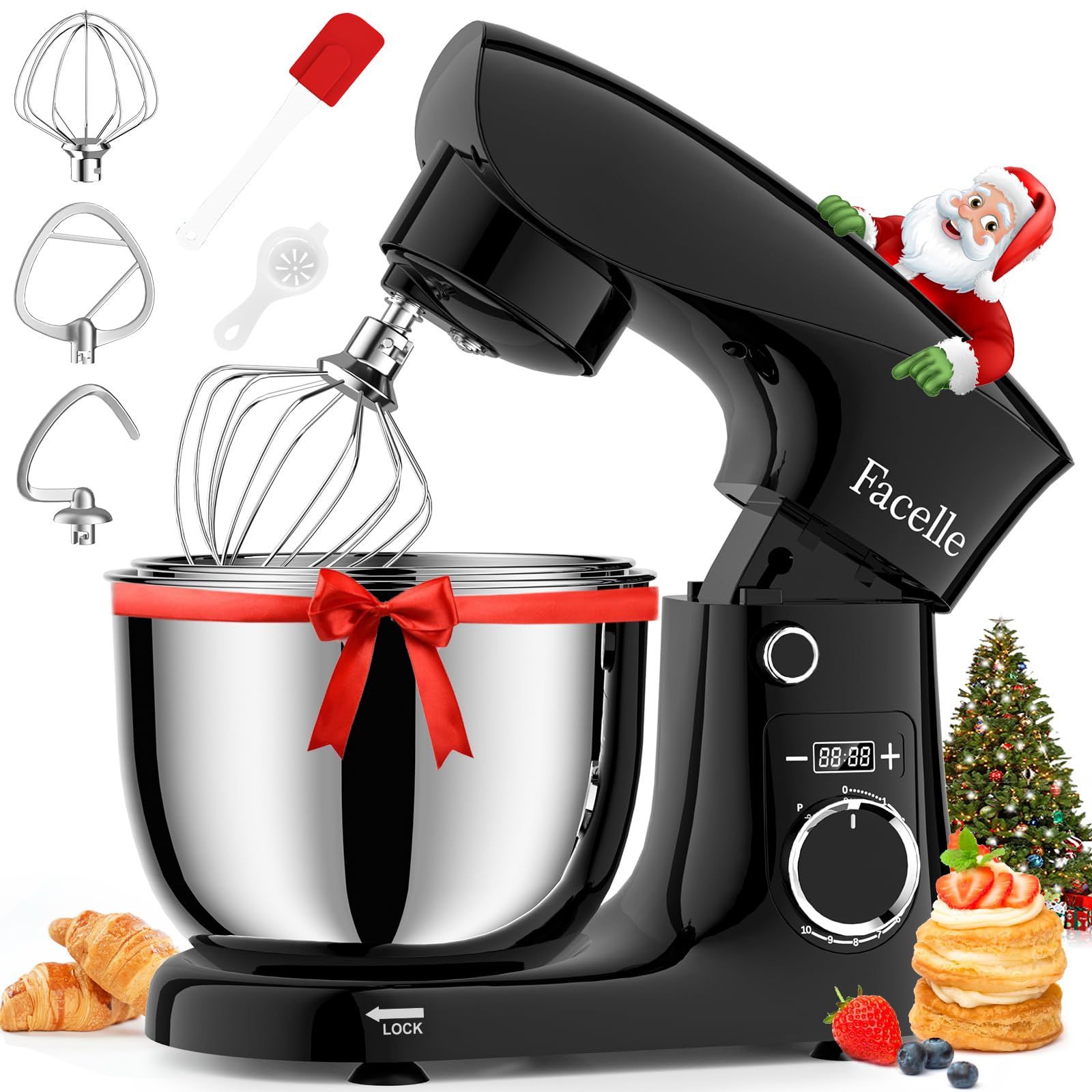 Facelle Food Processor with 5.5L and 4.5L stainless steel bowls, powerful 1500W motor, and various attachments for efficient 
