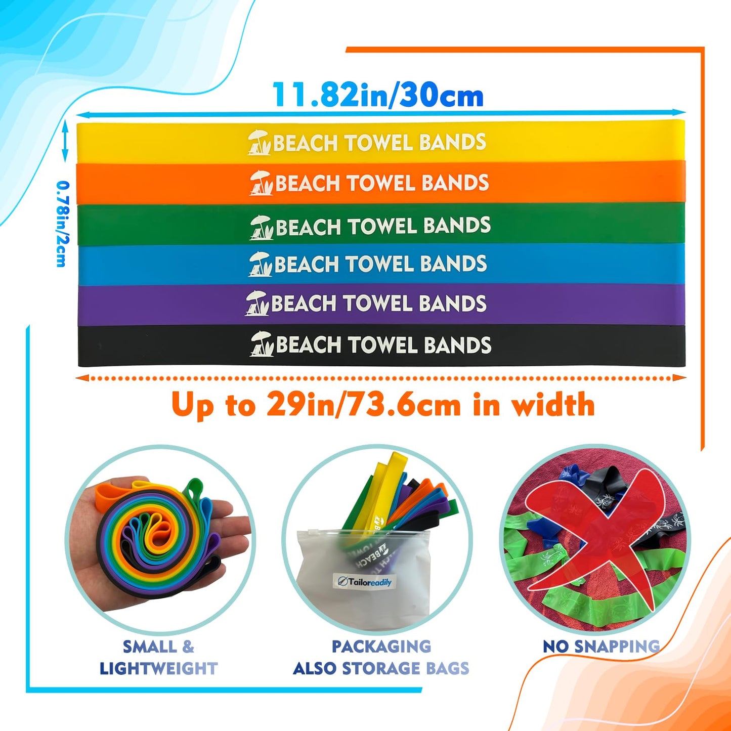 Tailoreadily 6 Pack Multicolor Towel Bands for Beach and Pool