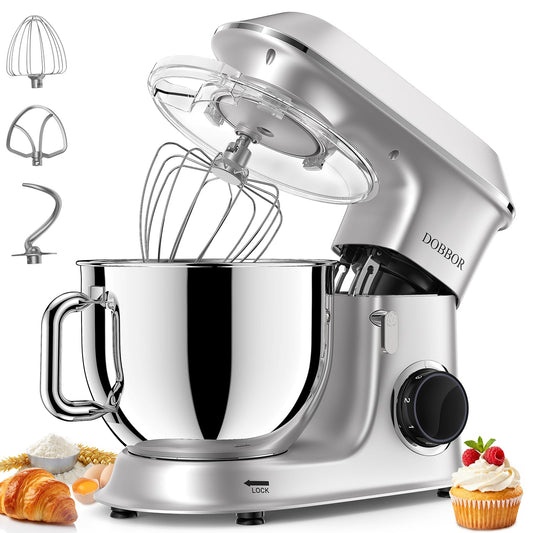 DOBBOR 1500W Pastry Mixer with stainless steel bowl, whisk, beater, and hook attachments