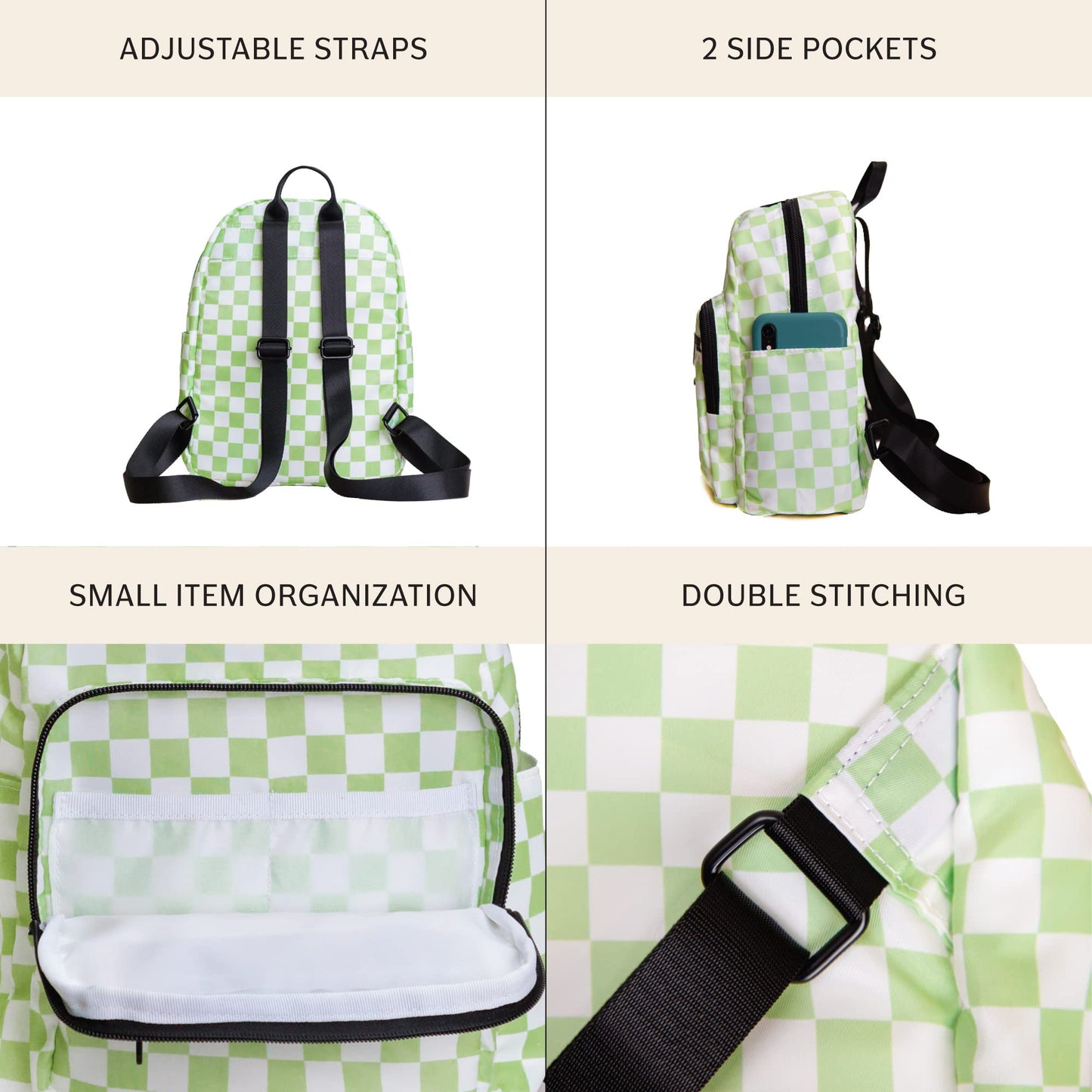 Jadyn Millie Mini Backpack for Women with Checkered Green Design