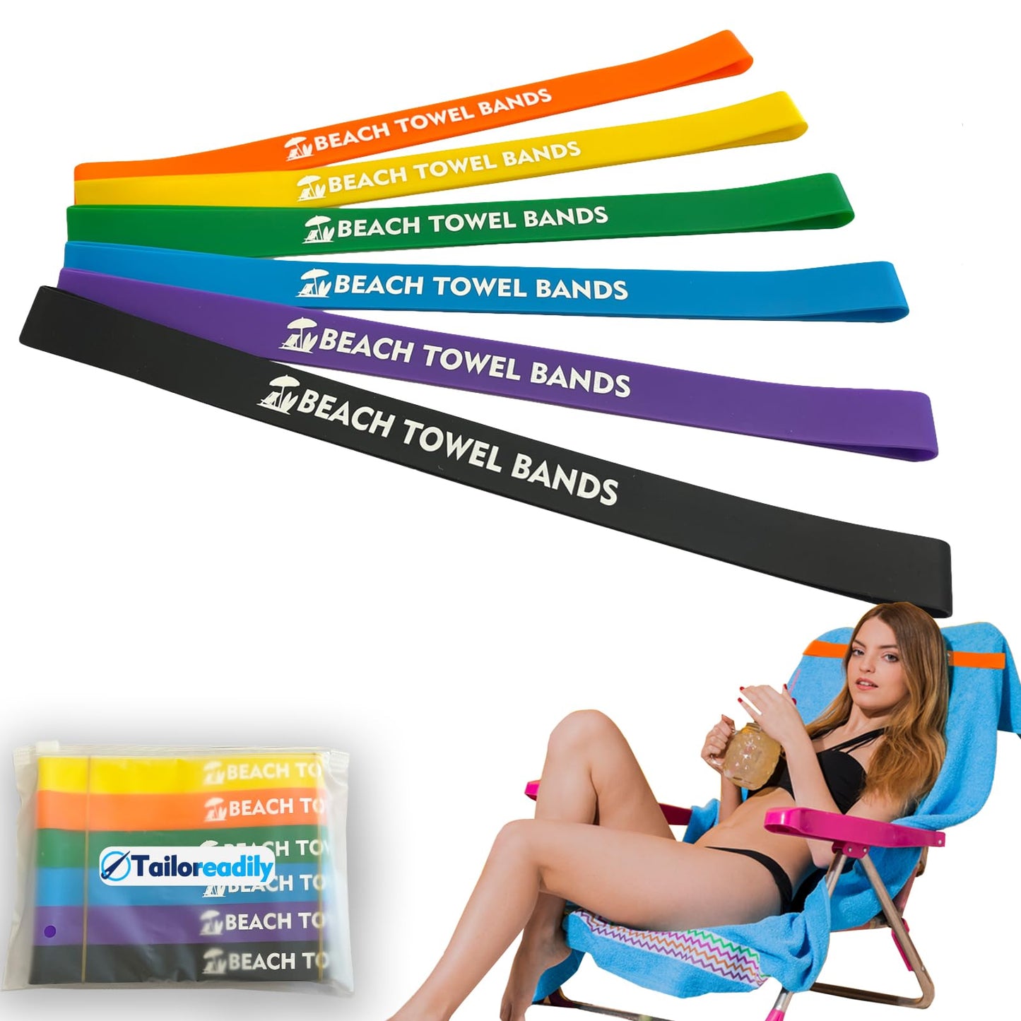 6 pack of multicolor silicone towel bands for beach and pool chairs