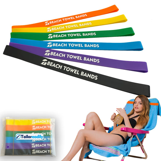 6 pack of multicolor silicone towel bands for beach and pool chairs