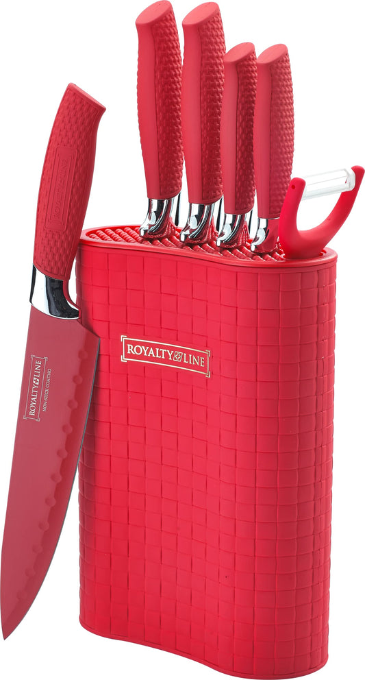 Royalty Line 6-piece stainless steel kitchen knife set with stand, featuring various knives and ABS handles with special sili