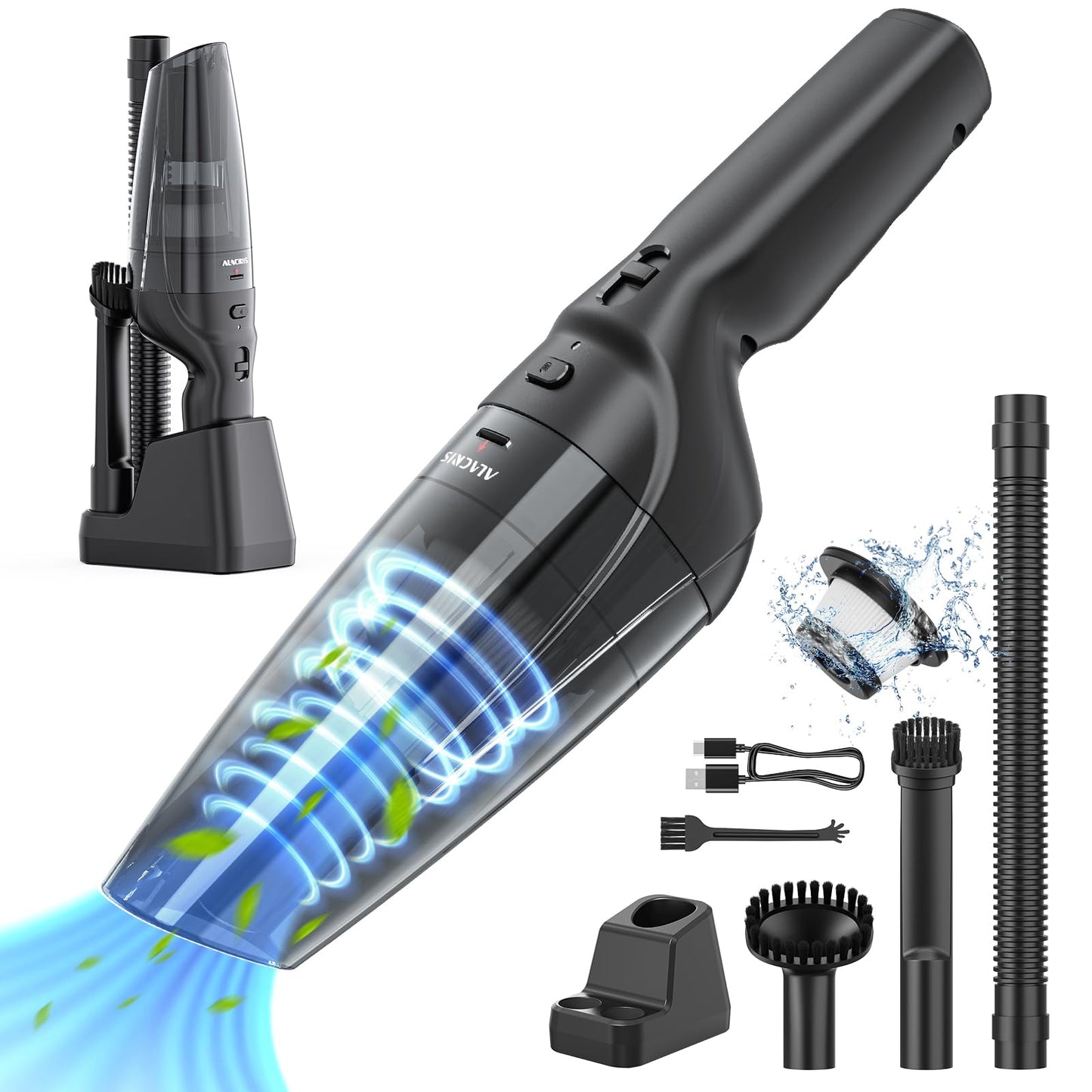 ALACRIS cordless handheld vacuum cleaner with charging base, perfect for car and home