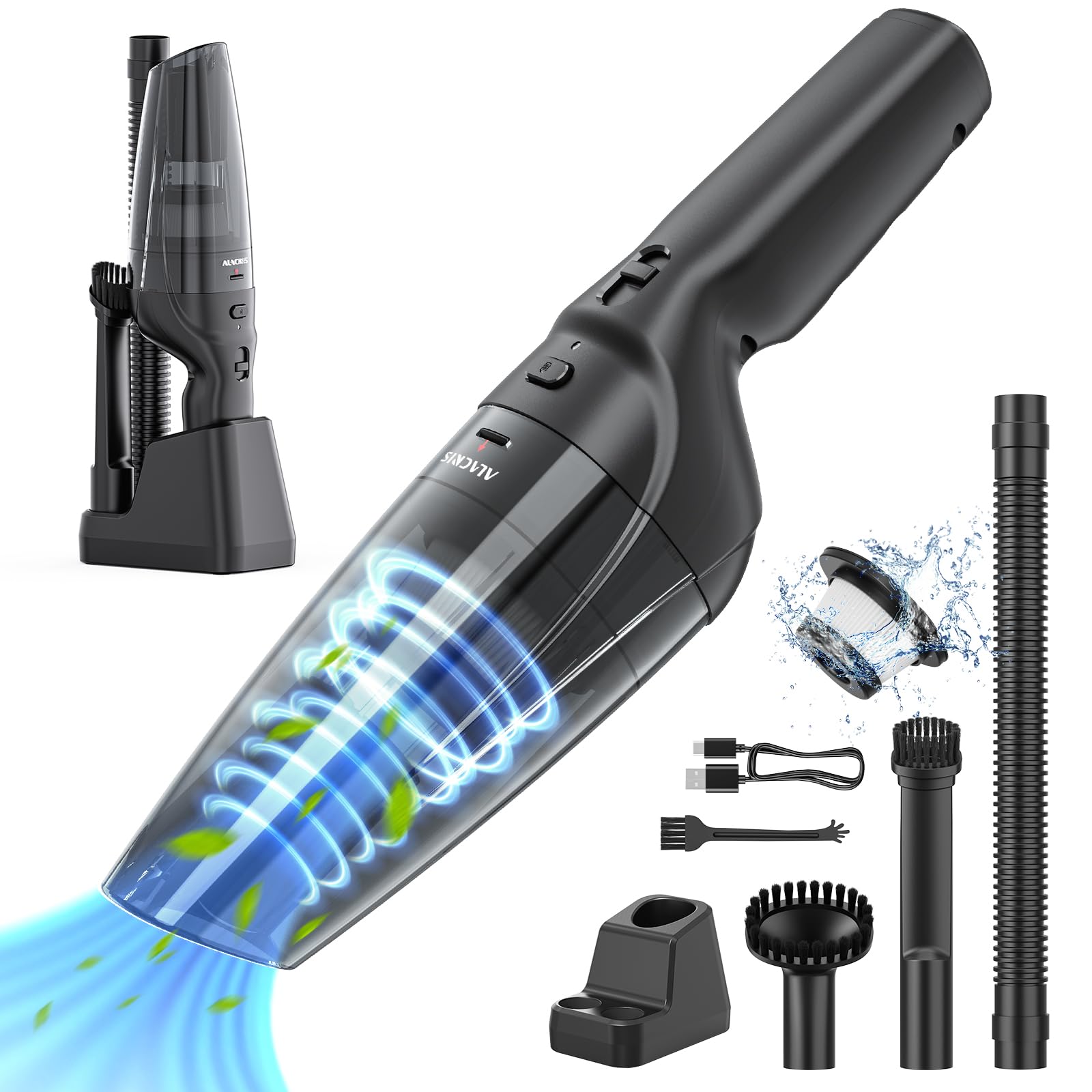 ALACRIS cordless handheld vacuum cleaner with charging base, perfect for car and home
