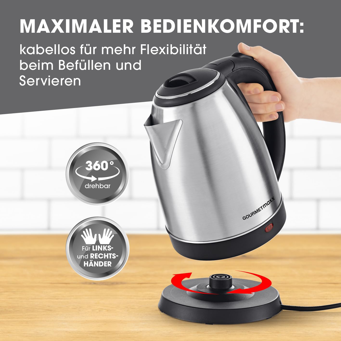 GOURMETmaxx Stainless Steel Kettle with 360° Base and Shut-Off Function
