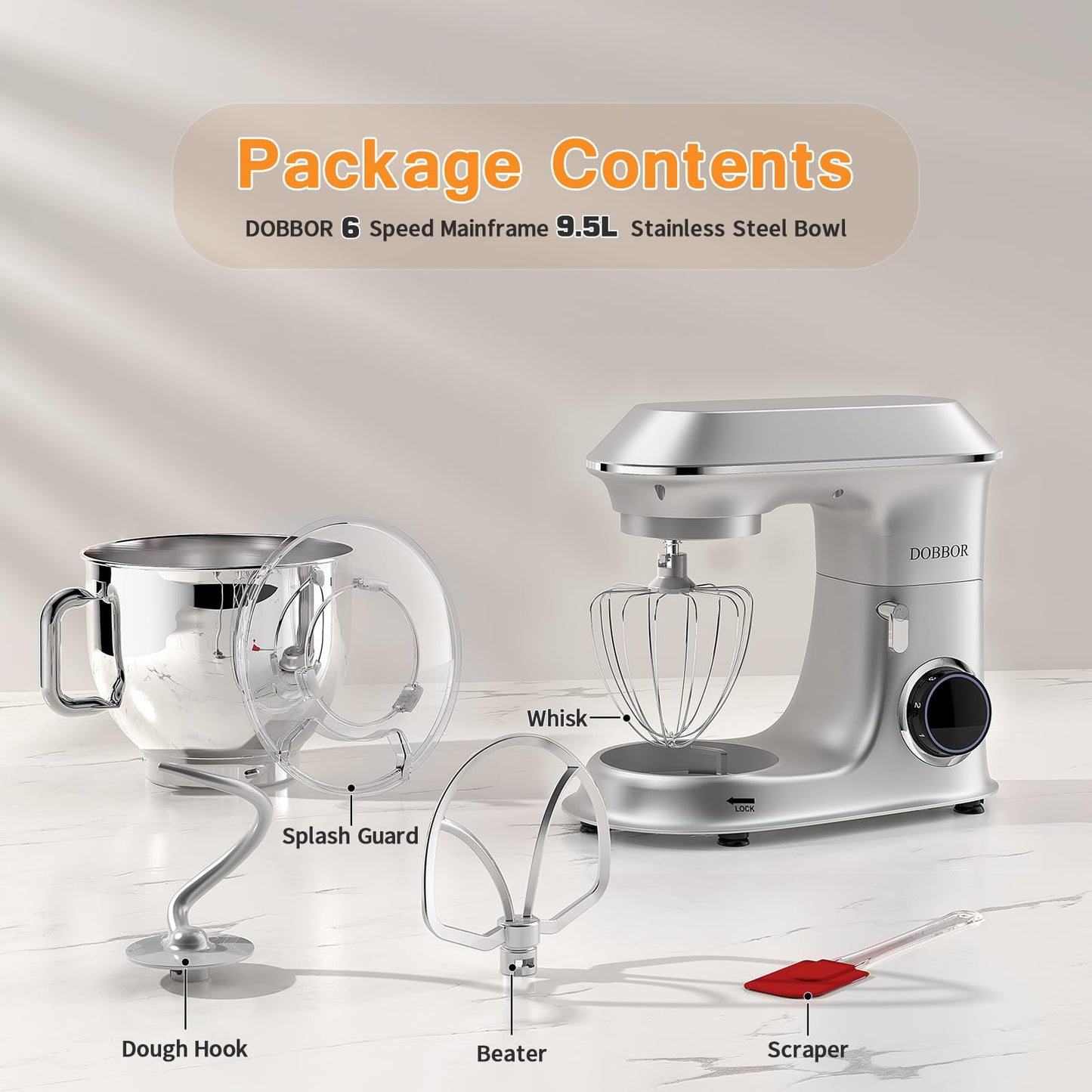 DOBBOR 1500W Pastry Mixer with Stainless Steel Bowl, 7 Speeds