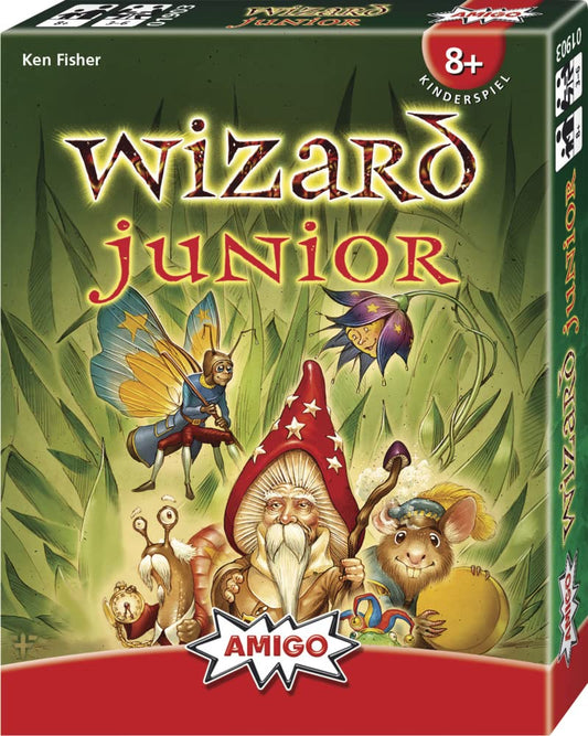 AMIGO Wizard Junior card game with colorful artwork and a magical theme, designed for children's entertainment and learning.