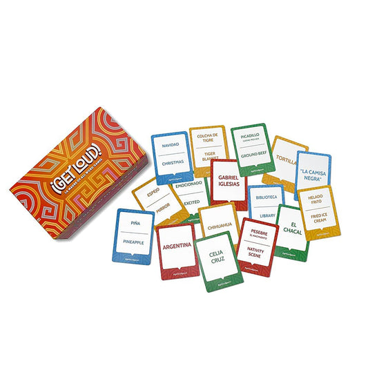 Tragos Get Loud bilingual guessing word game with colorful box and game components
