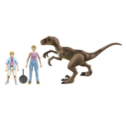 Jurassic World Legacy Collection featuring Tim, Lex, and a raptor in a kitchen setting