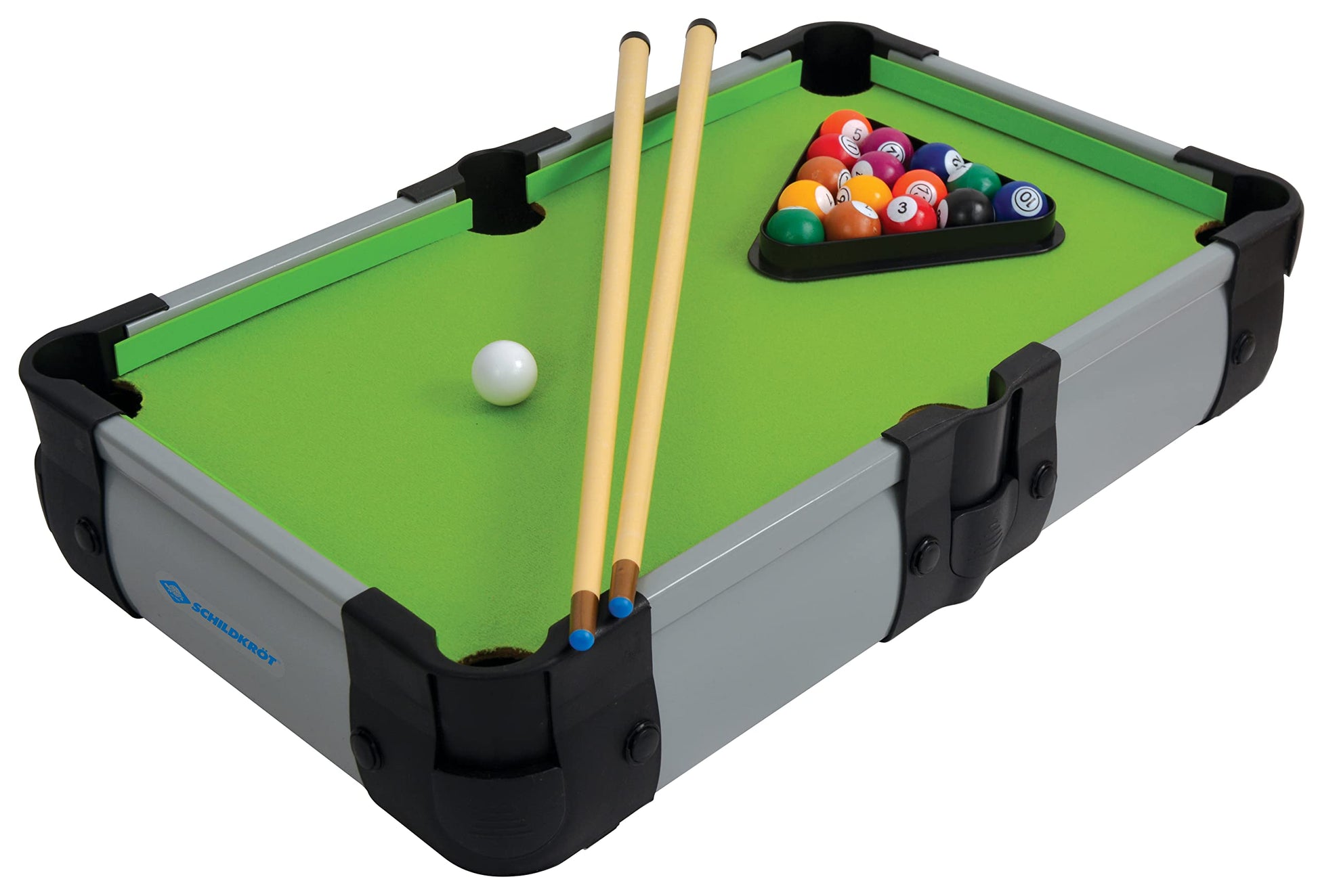 Schildkröt Mini Pool Table with two cues, 16 colorful balls, and an arrangement triangle