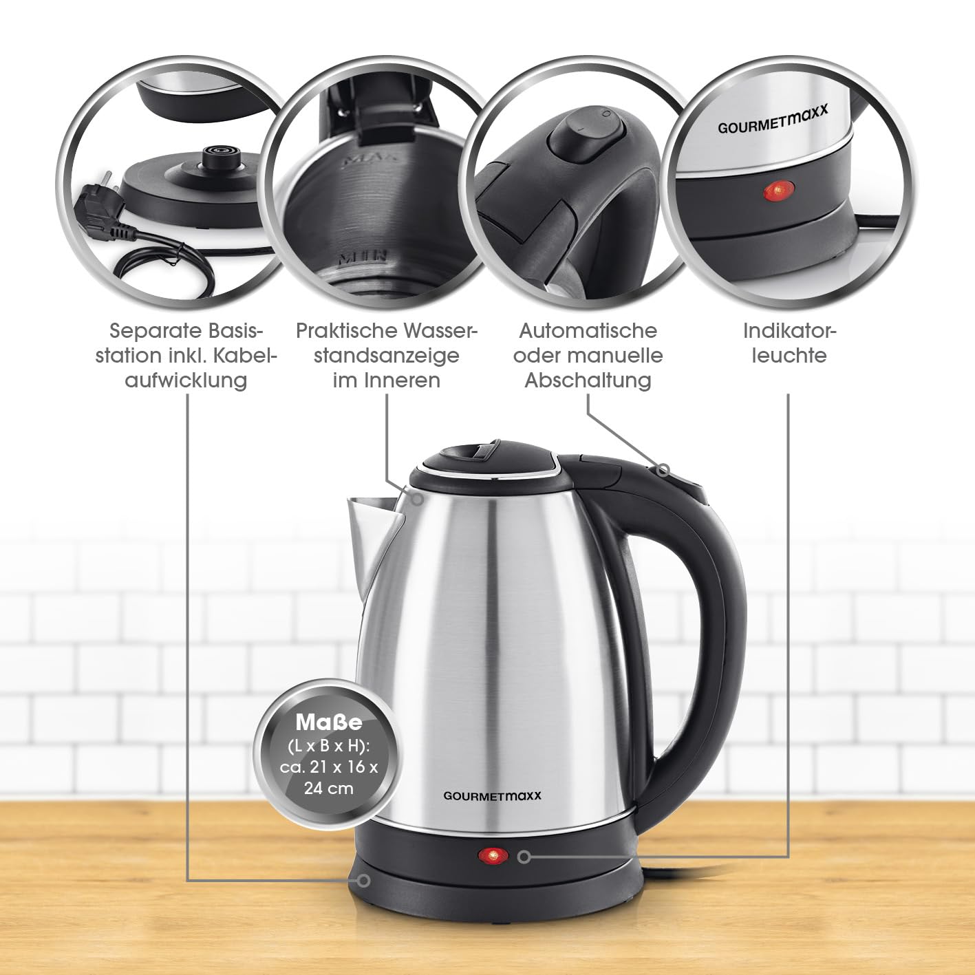 GOURMETmaxx Stainless Steel Kettle with 360° Base and Shut-Off Function
