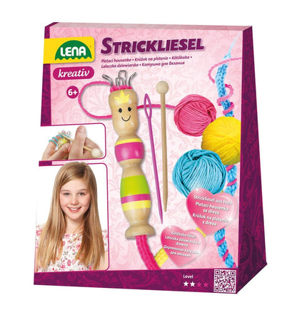 Lena Knitting Dolly Set with wooden dolly, needles, crochet hook, and colorful wool