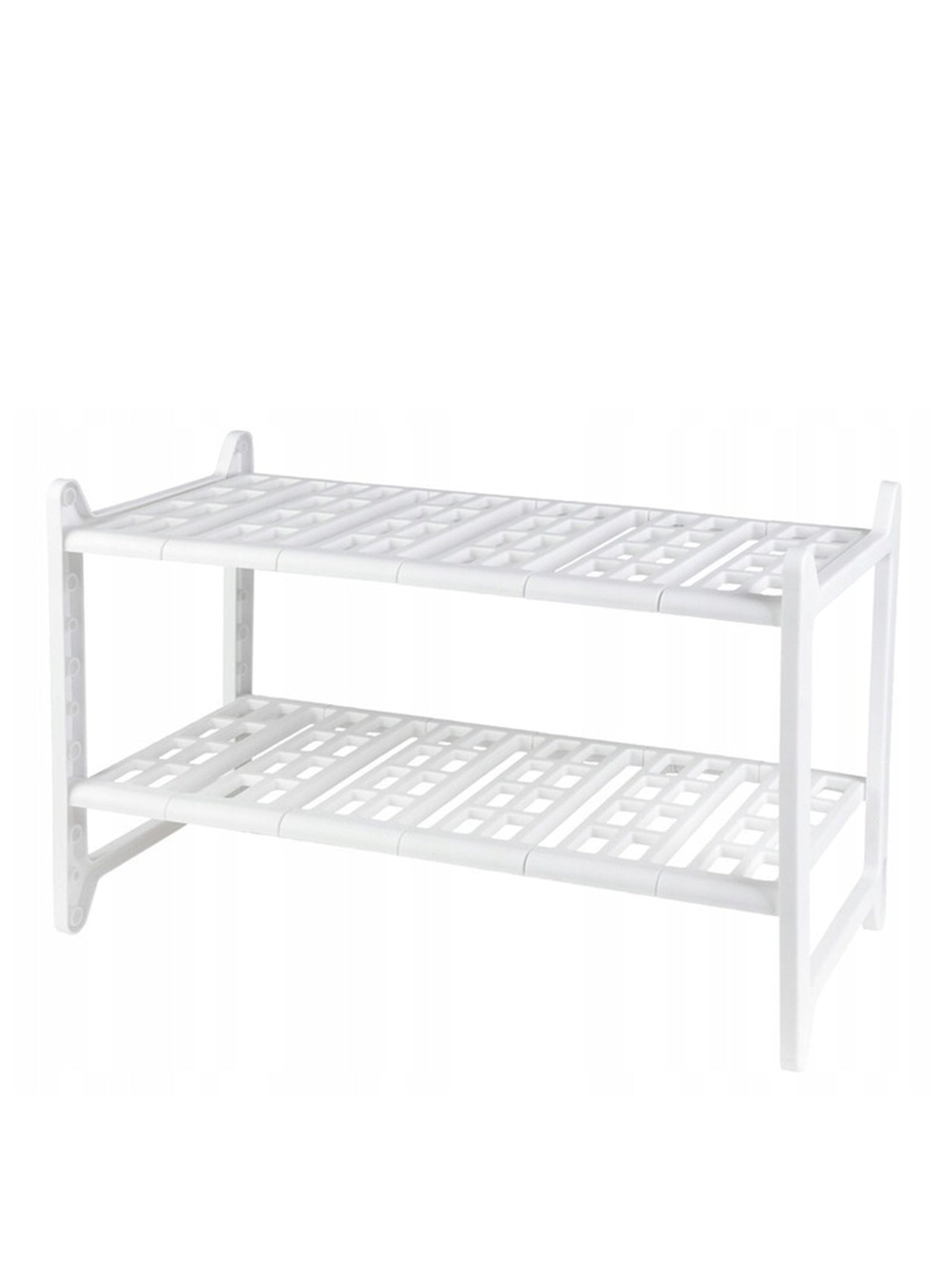Wenko Sink Rack with 12 adjustable shelves, 2 tiers, and 4 hooks for hanging cleaning tools