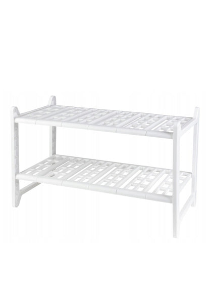 Wenko Sink Rack with 12 adjustable shelves, 2 tiers, and 4 hooks for hanging cleaning tools