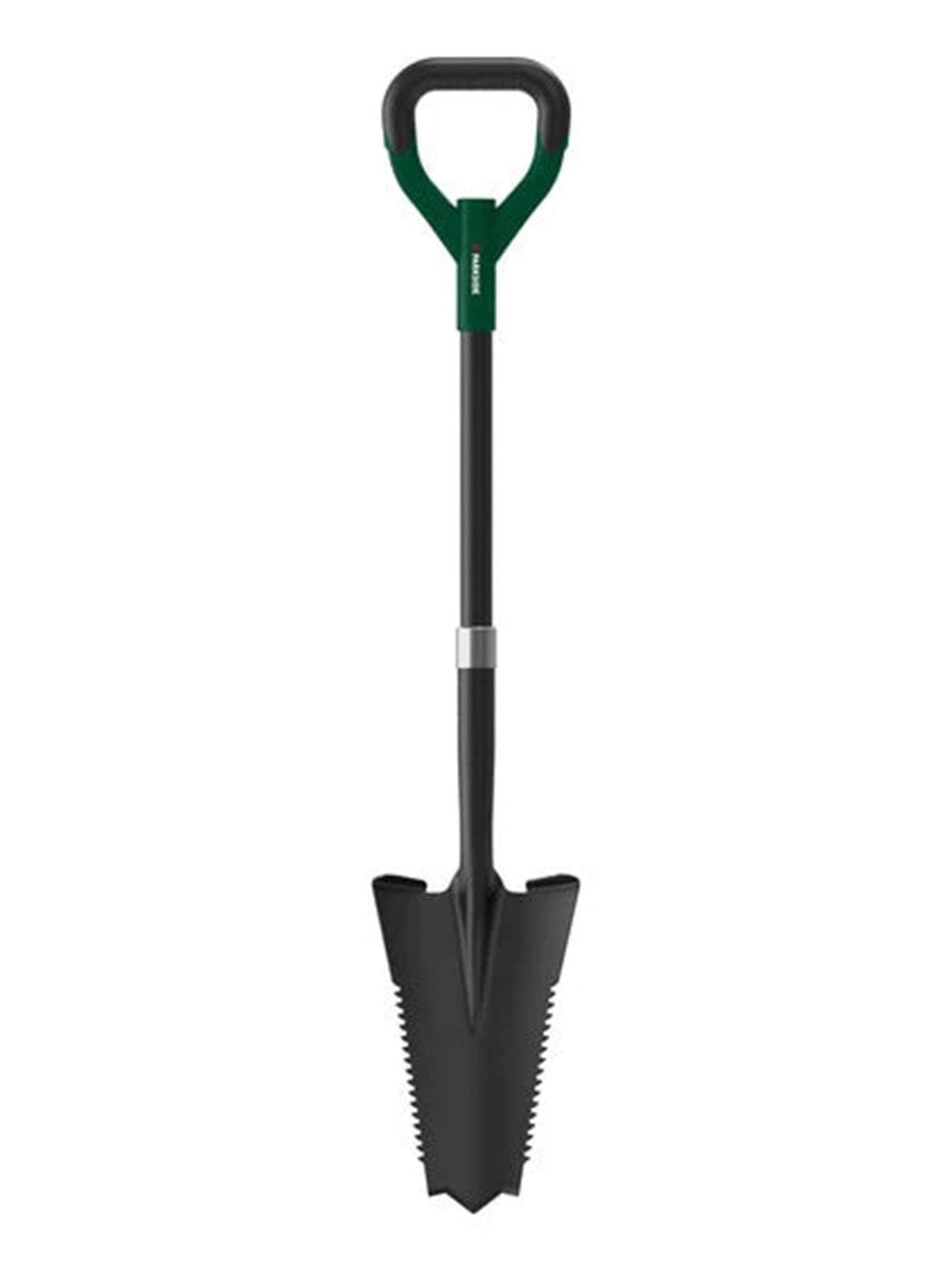 Parkside spade with a root saw, featuring a narrow blade and a D-shaped grip for comfortable handling