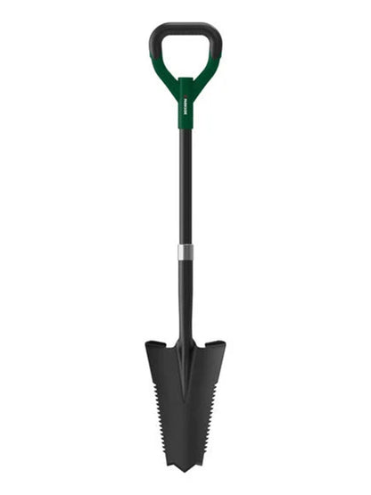 Parkside spade with a root saw, featuring a narrow blade and a D-shaped grip for comfortable handling