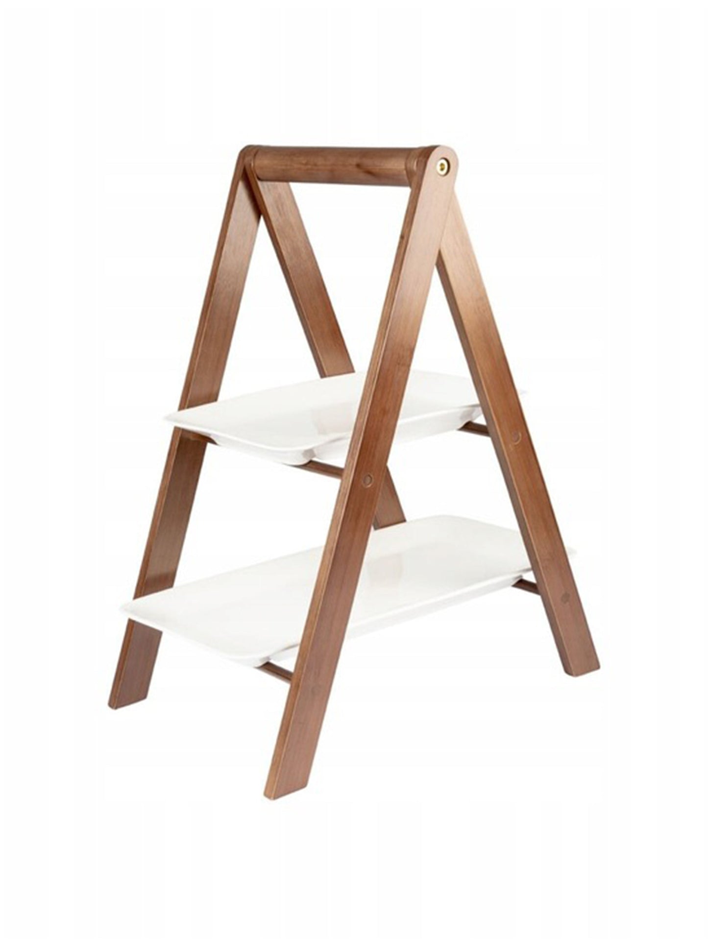 Tiered wooden stand with two porcelain plates, large and small
