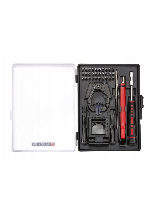 Parkside Precision Mechanics Tool Set with 37 pieces including magnetic bits, tweezers, and magnifier