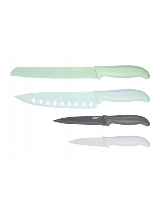 Livarno Home 4-piece knife set with stainless steel blades and non-stick coating, featuring a bread knife, chef's knife, util