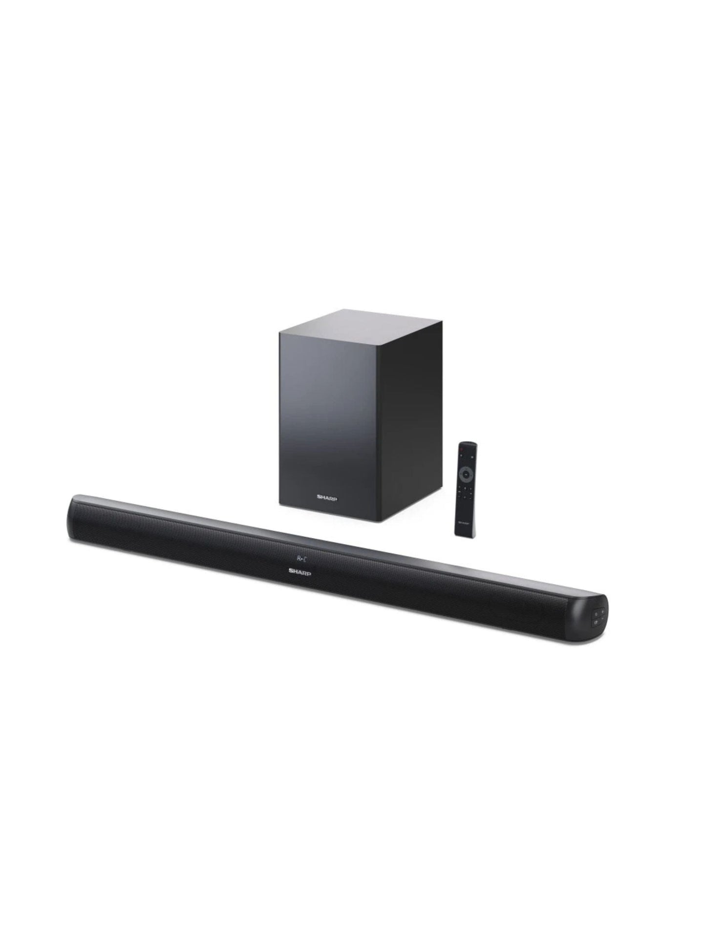 Sharp 2.1 channel audio system with a black soundbar and wireless subwoofer