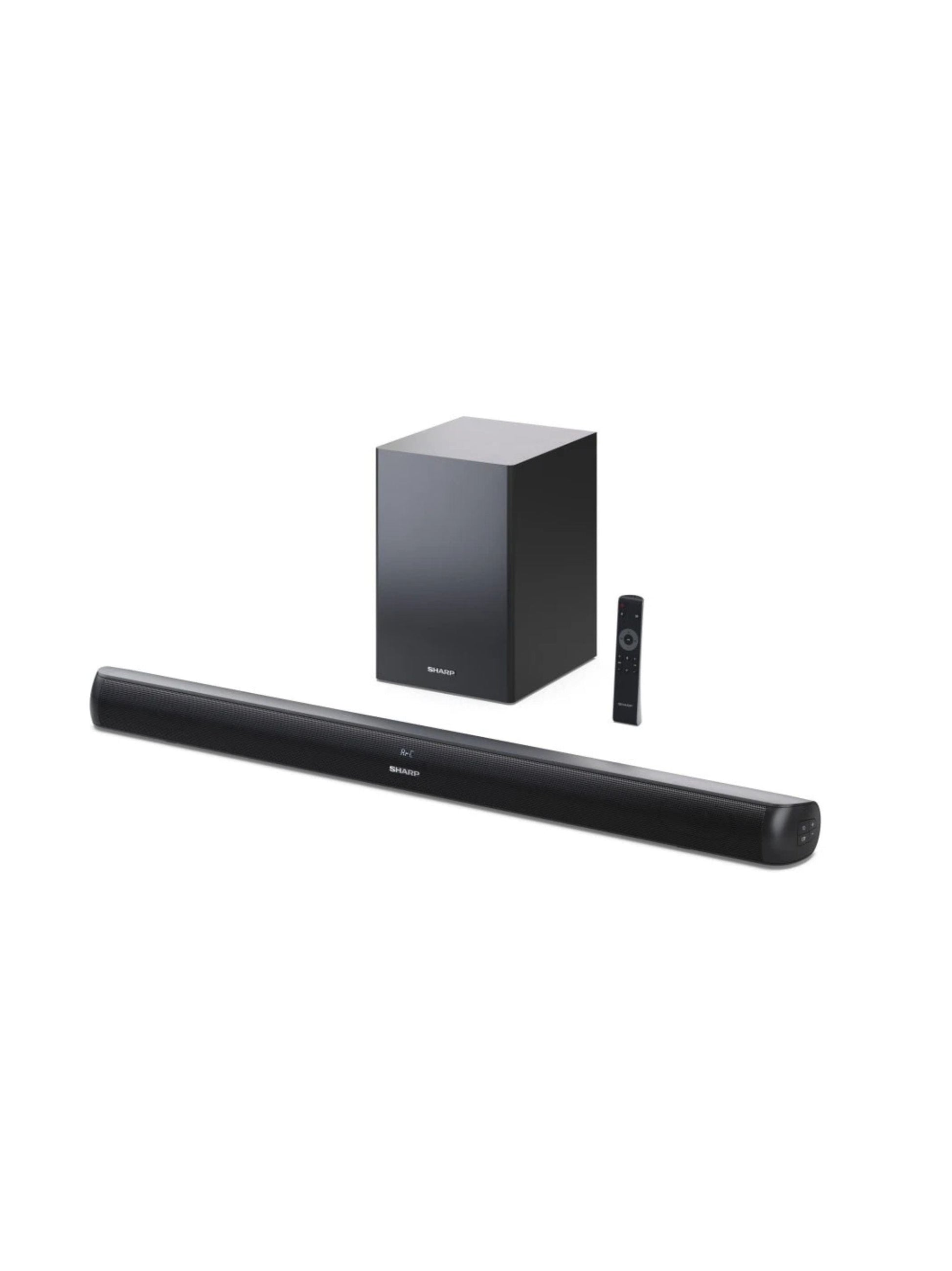 Sharp 2.1 channel audio system with a black soundbar and wireless subwoofer