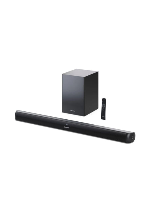 Sharp 2.1 channel audio system with a black soundbar and wireless subwoofer
