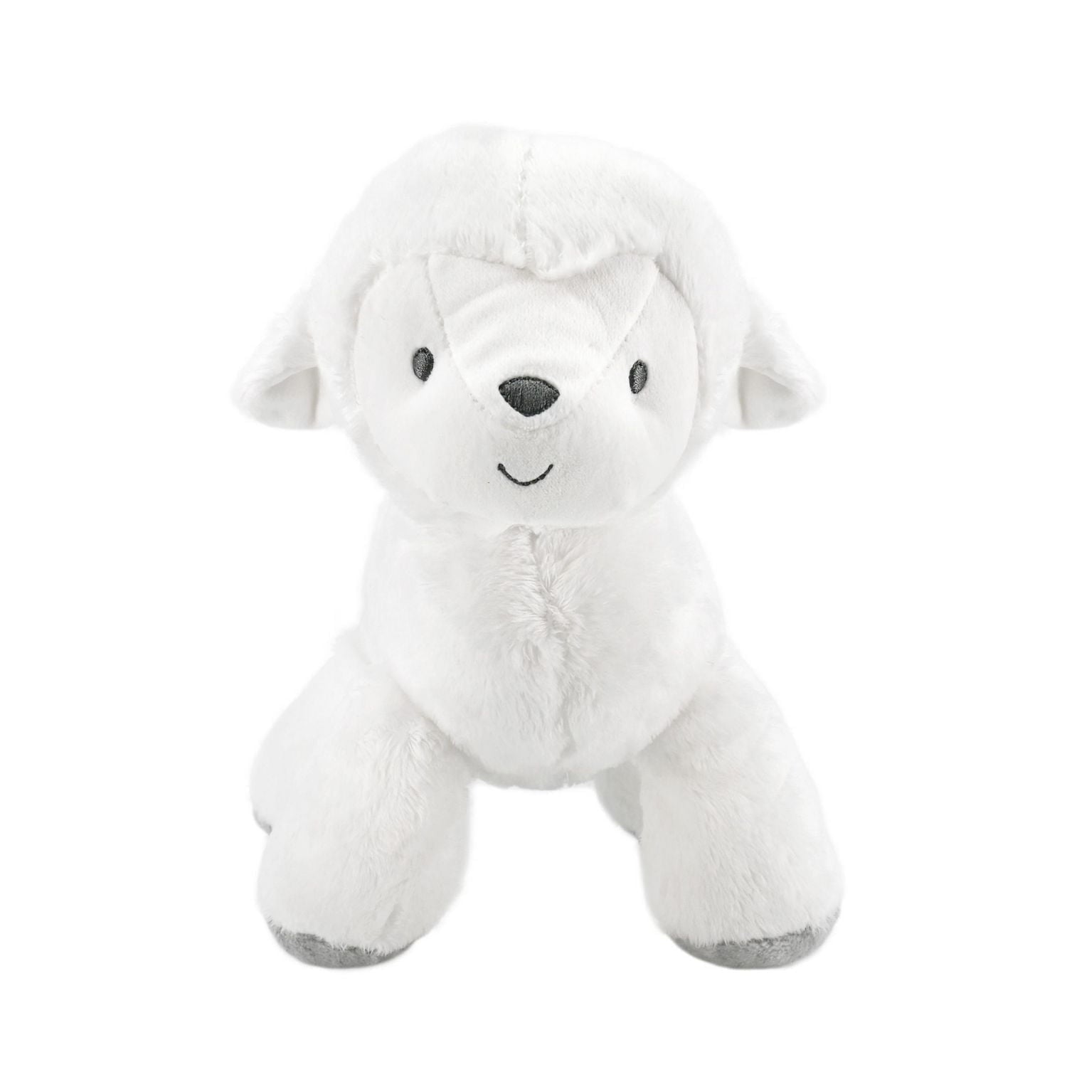 9 inch ultra soft white lamb toy with grey footpads and turquoise star accents