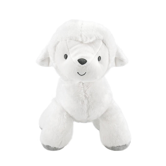 9 inch ultra soft white lamb toy with grey footpads and turquoise star accents