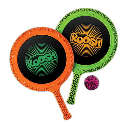 Koosh Neon Paddle Playset with two paddles and a Koosh ball