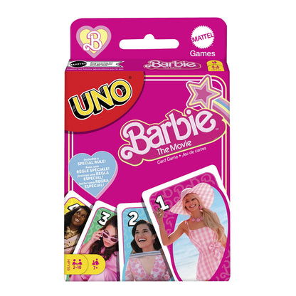 UNO Barbie The Movie Inspired Card Game featuring scenes and characters from the movie