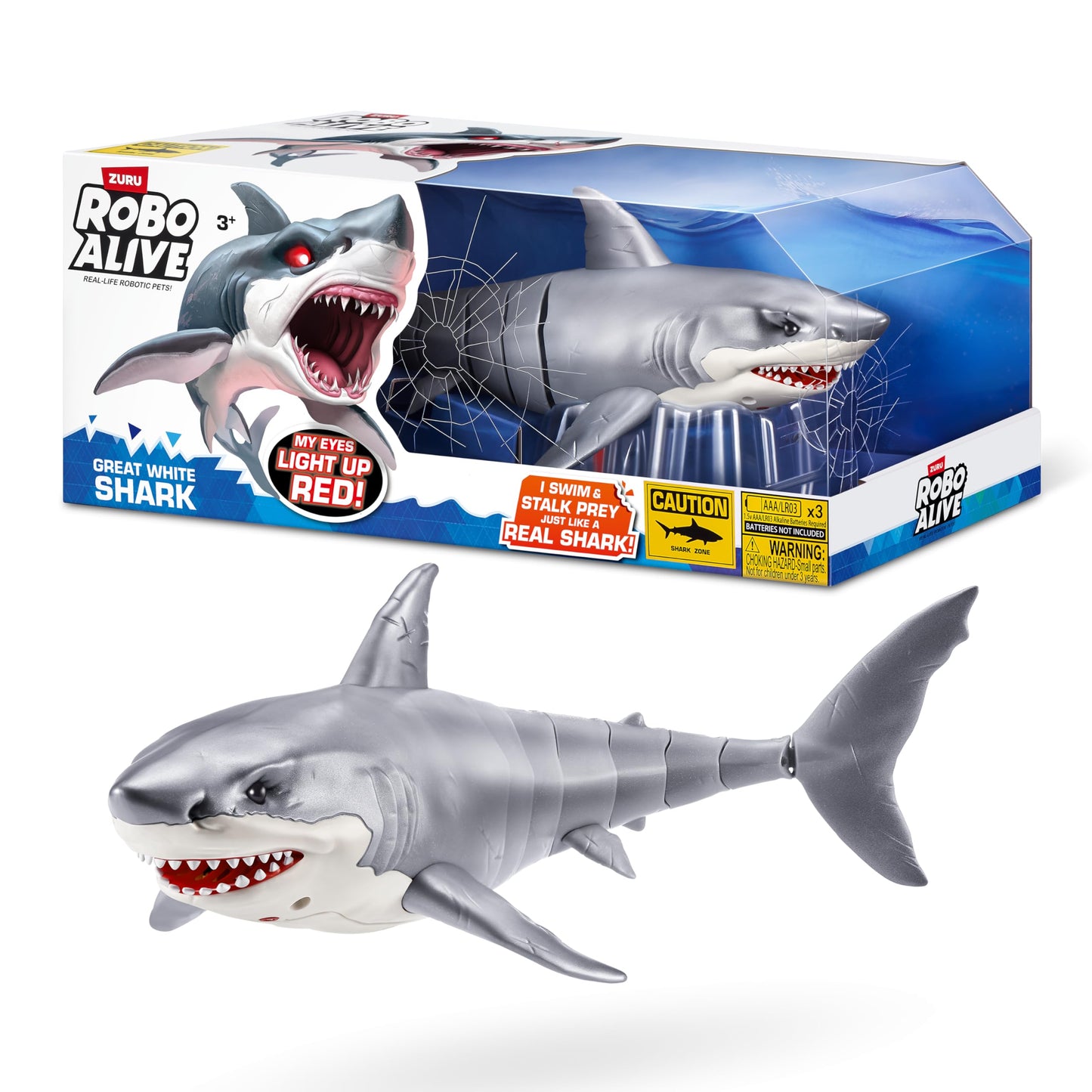 Robo Alive Great White Shark toy with articulated movement and light-up eyes