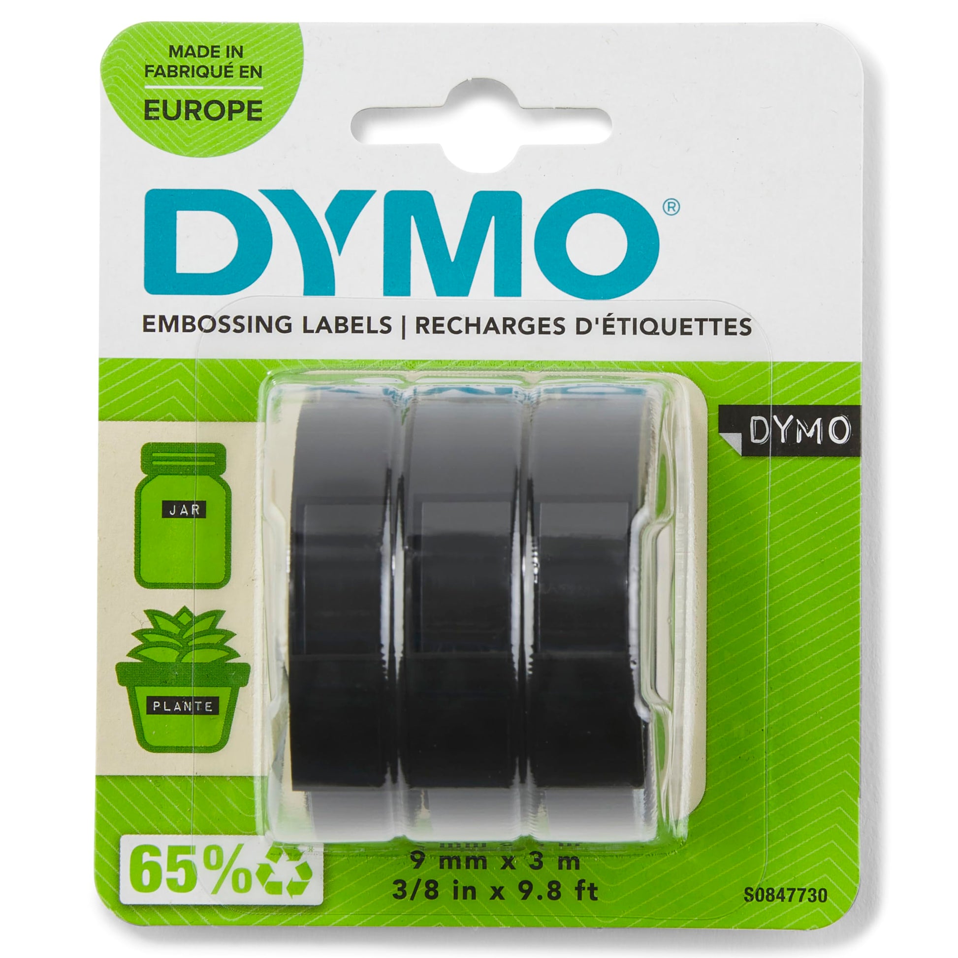 Dymo embossing label tape with white print on black background, 9mm x 3m rolls