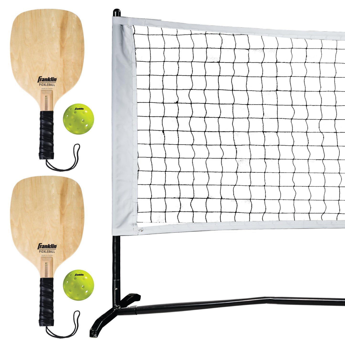 Franklin Sports Pickleball Net Set with two wooden paddles and two pickleballs on a portable outdoor net