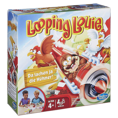 Looping Louie game with a battery-operated flying toy plane and chicken coops as obstacles