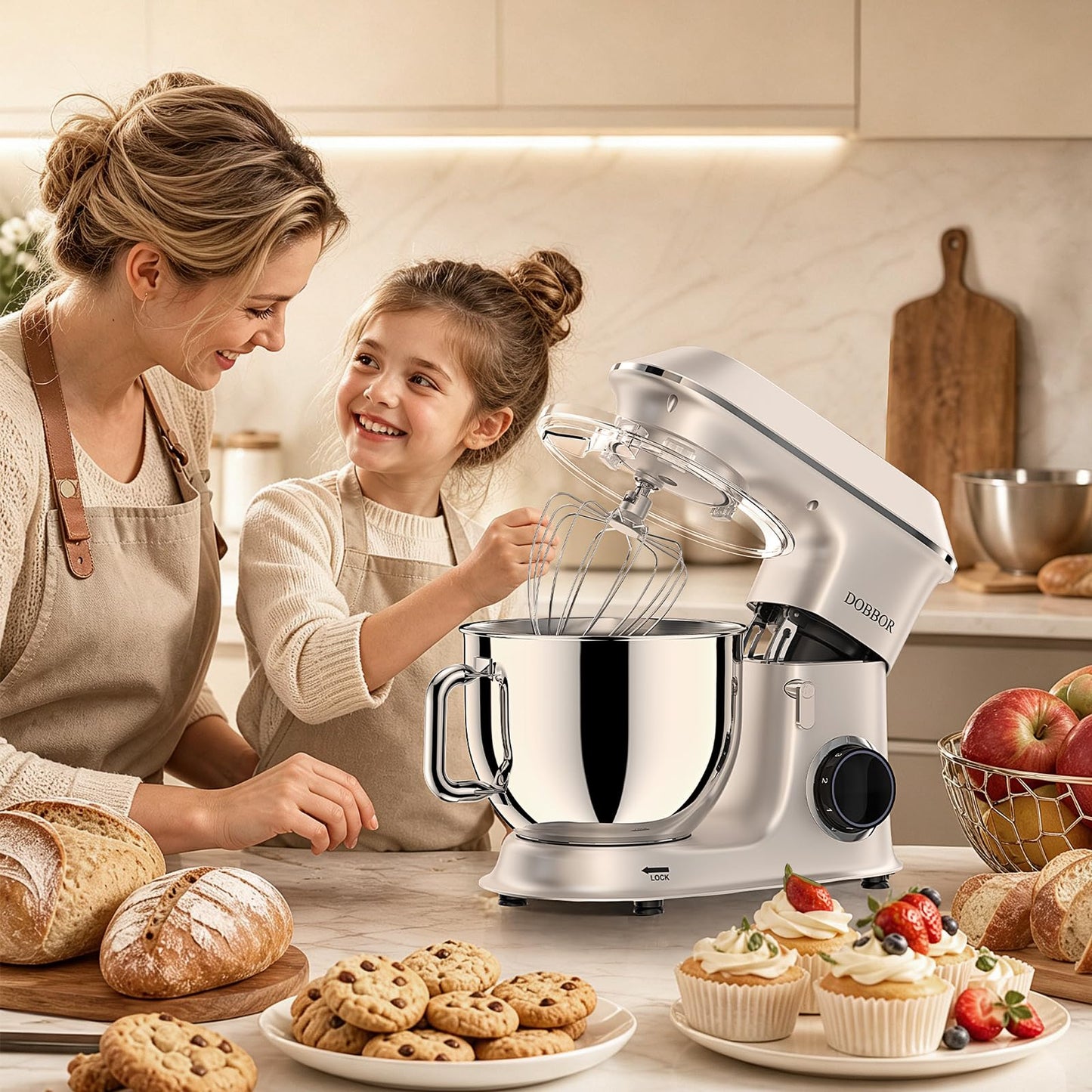 DOBBOR 1500W Pastry Mixer with Stainless Steel Bowl, 7 Speeds