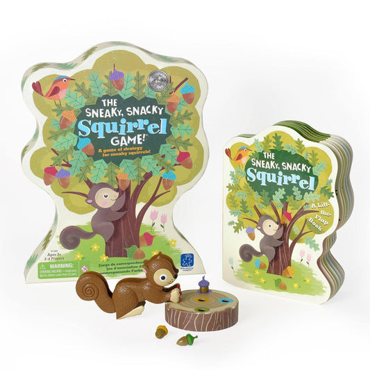 Sneaky Snacky Squirrel game and board book with colorful tree-shaped game board and acorns