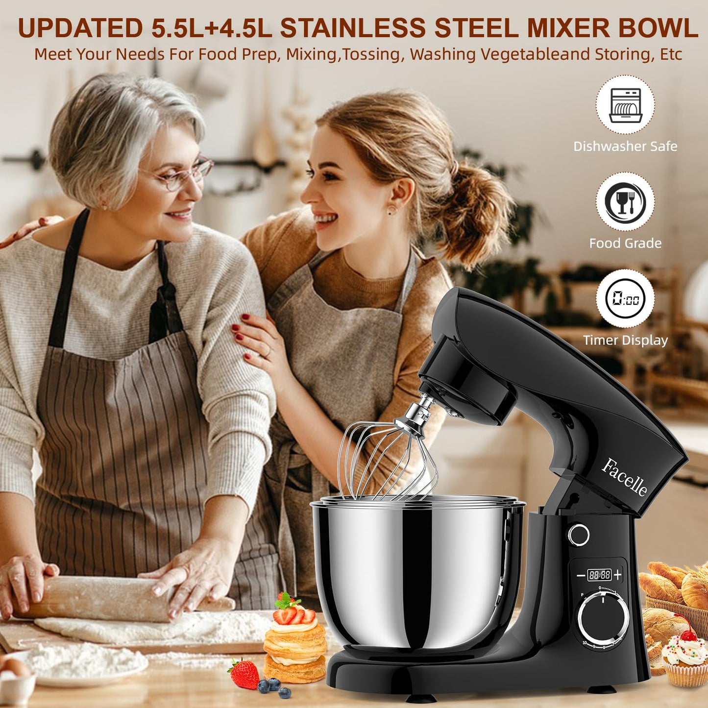 Facelle 1500W Food Processor with 5.5L and 4.5L Stainless Steel Bowls