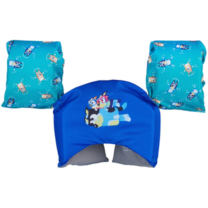 SwimWays Bluey Swim Trainer Life Vest with arm floaties, designed for kids weighing 33-55 lbs