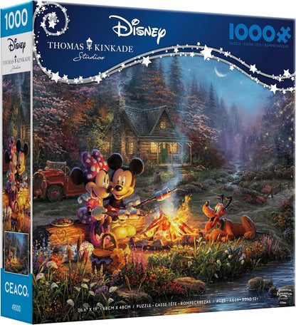 1000-piece jigsaw puzzle with Mickey & Minnie at a campfire, designed by Thomas Kinkade