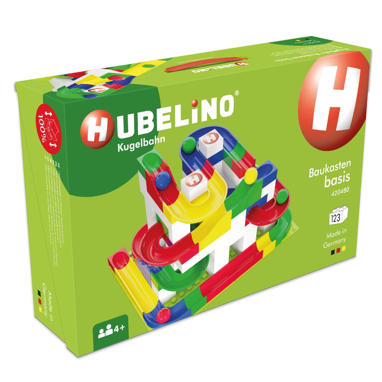 Hubelino 123-piece marble run building set with various run elements, building blocks, and marbles