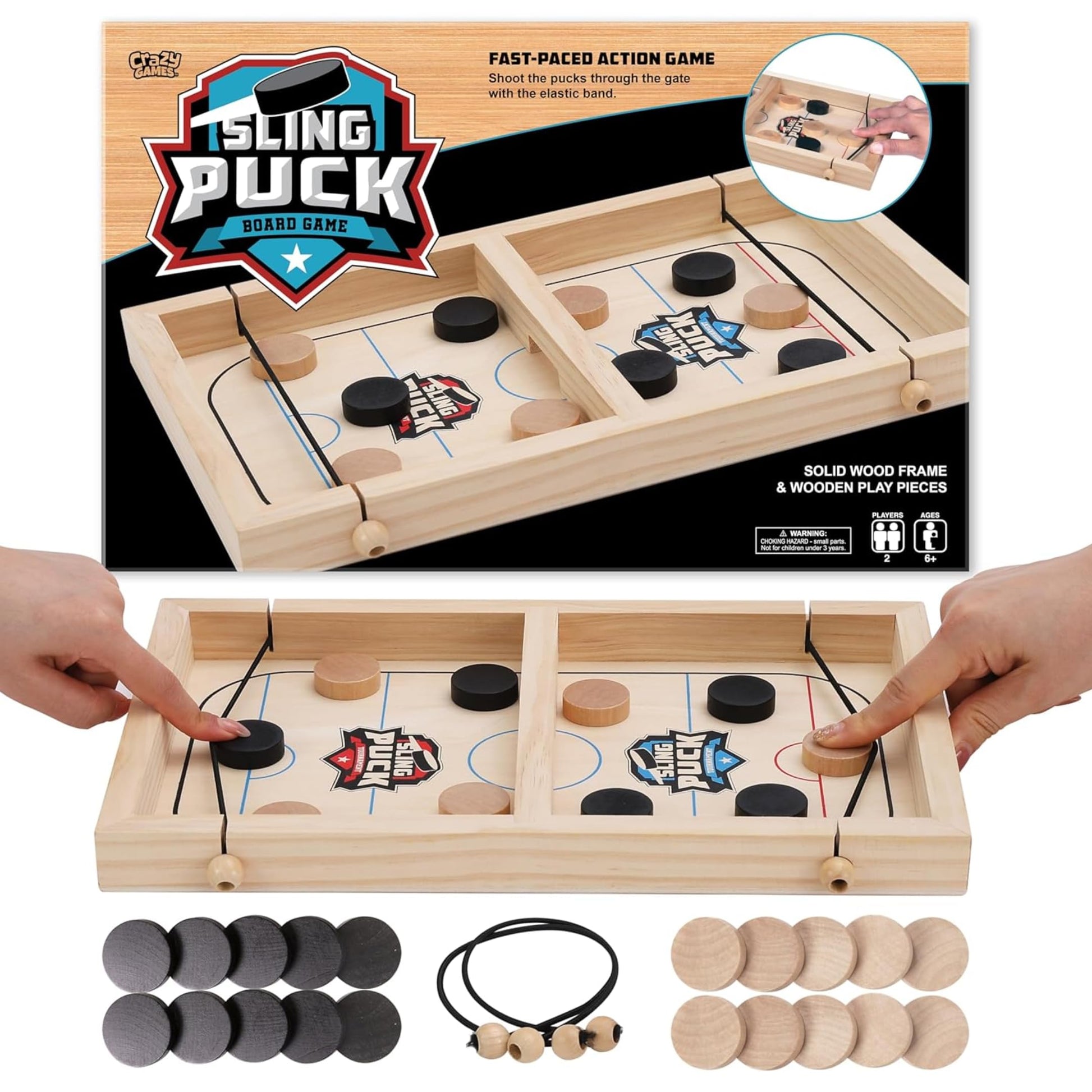 Fast Sling Puck Game with a smooth wood frame and durable puck pieces