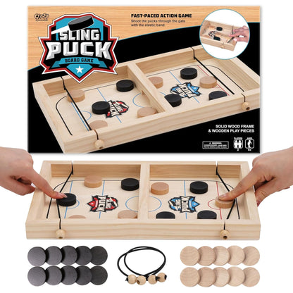 Fast Sling Puck Game with a smooth wood frame and durable puck pieces